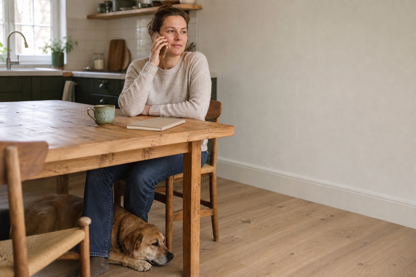 Tierhalterin am Telefon, der Hund liegt unter dem Tisch
