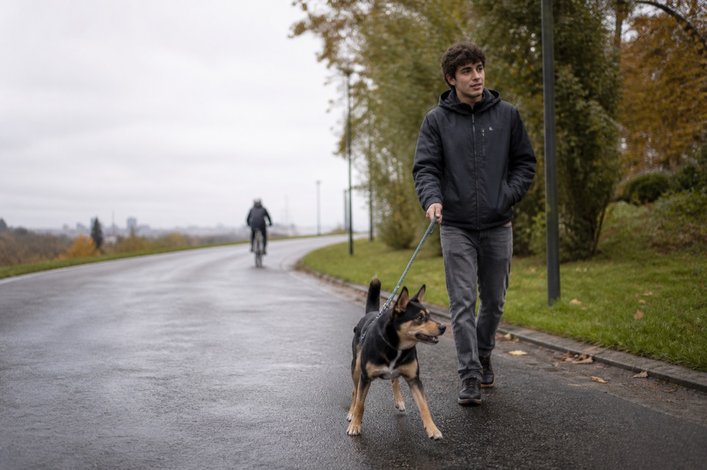 Mann führt seinen Hund an der Leine, Radfahrer im Hintergrund