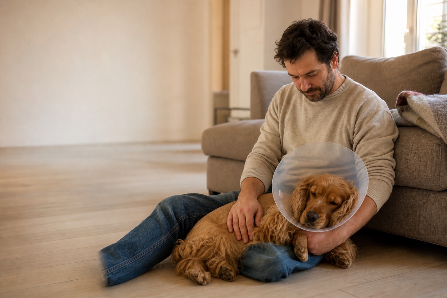 Hund mit Halskrause bei seinem Halter auf dem Boden