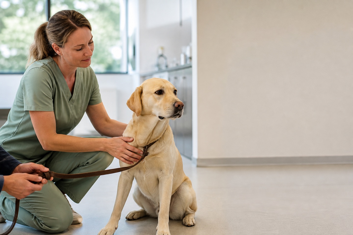 Tierärztin beruhigt einen Labrador in der Praxis