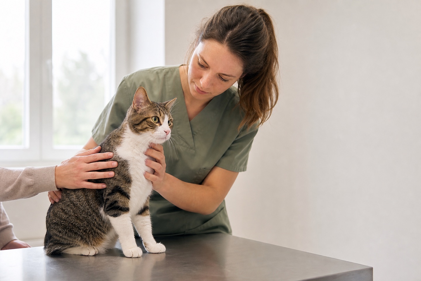 Tierärztin untersucht eine Katze, Halterin beruhigt sie
