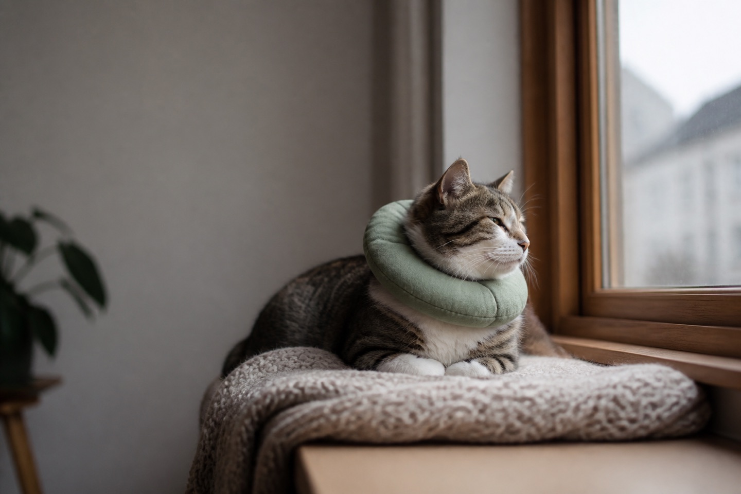 Katze mit weichem Halskragen auf der Fensterbank