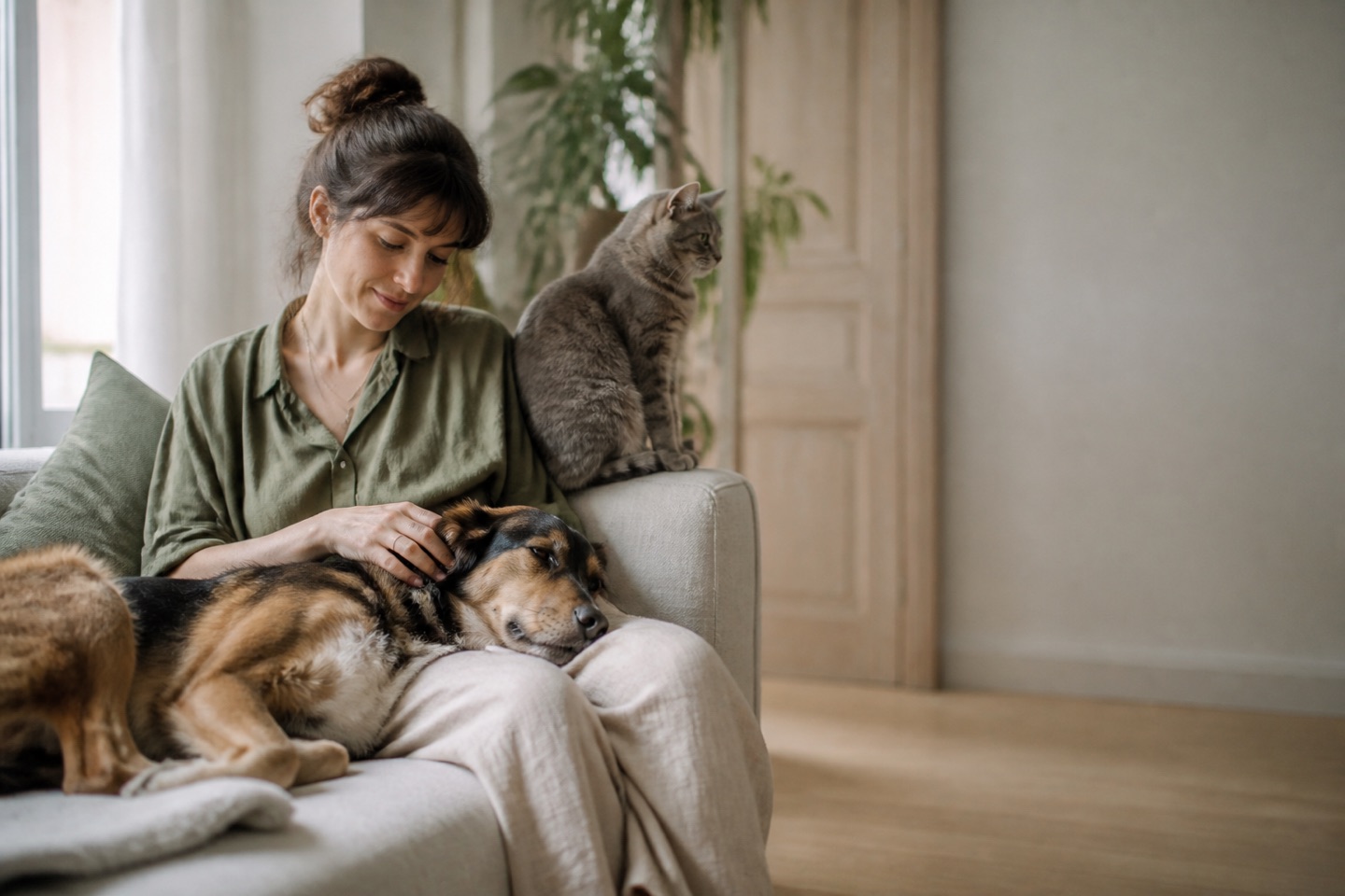 Frau mit Hund und Katze auf dem Sofa