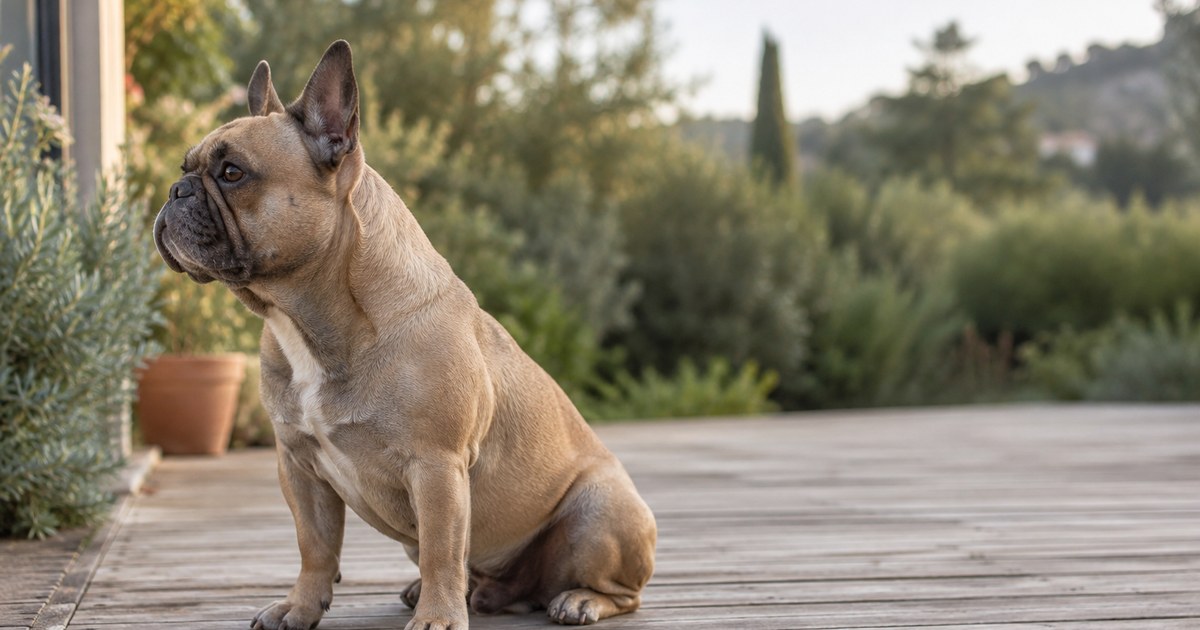 Eine rehbraune Französische Bulldogge sitzt aufrecht im Profil auf den verwitterten Holzdielen einer Terrasse und blickt nach links in den Garten, links ein Terrakottatopf, dahinter unscharf Büsche und Hügel im Abendlicht