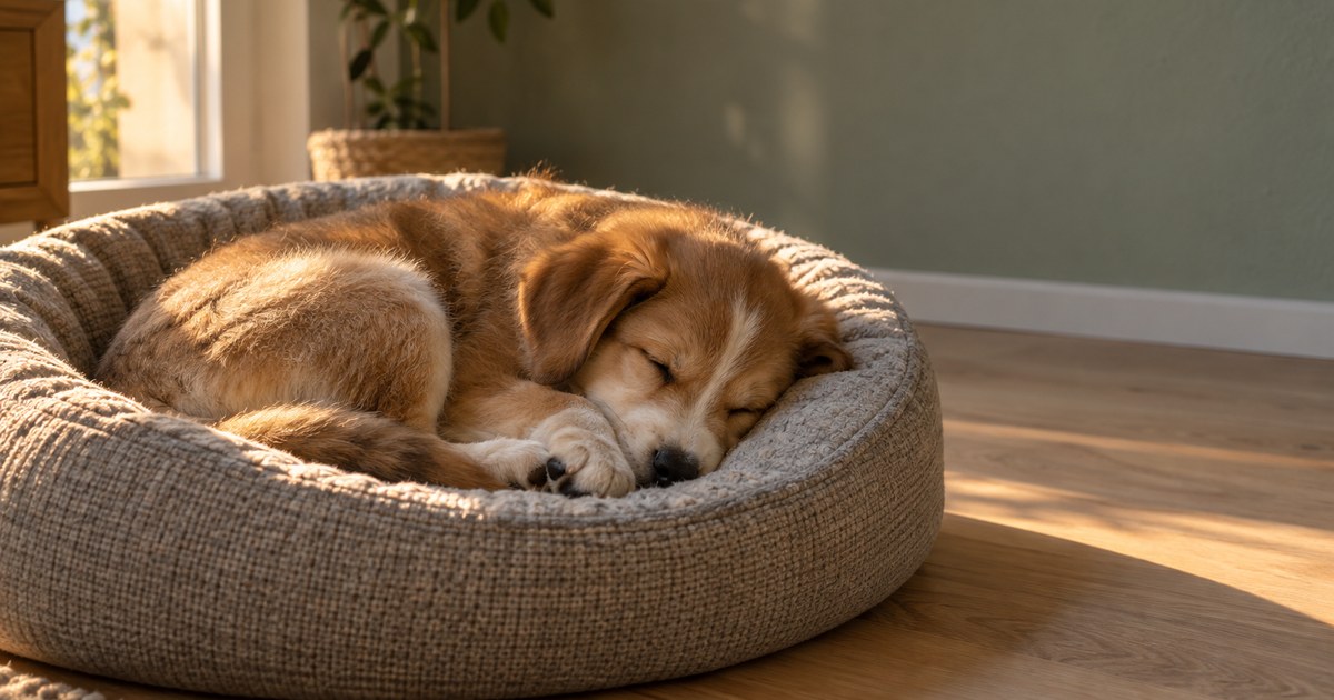 Ein Welpe schläft zusammengerollt in einem hellen Hundekörbchen, warmes Abendlicht fällt von der Seite ins Wohnzimmer