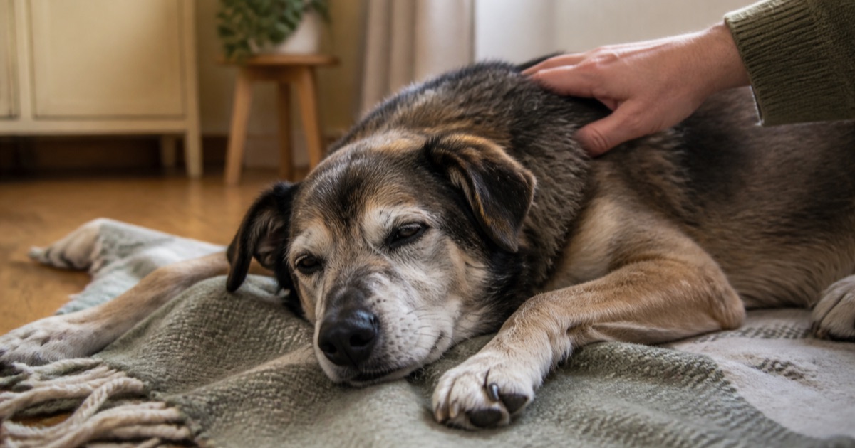 Älterer Hund mit grauer Schnauze liegt auf einer Decke, eine Hand streichelt seinen Rücken