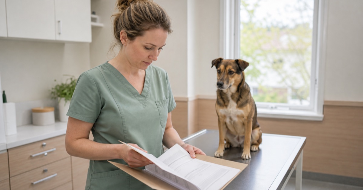 Tierärztin sieht eine Patientenakte durch, ein Hund sitzt ruhig auf dem Behandlungstisch