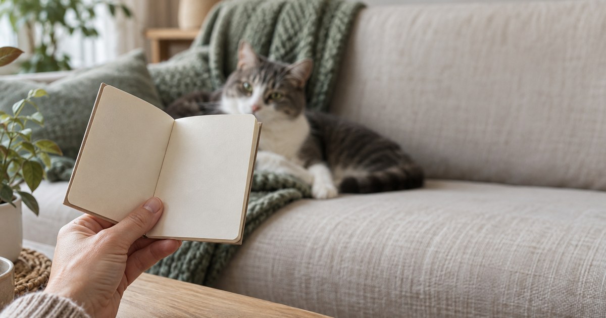 Eine Hand hält ein kleines aufgeschlagenes Heft, dahinter liegt eine grau-weiße Katze entspannt auf einer grünen Strickdecke auf dem hellen Sofa
