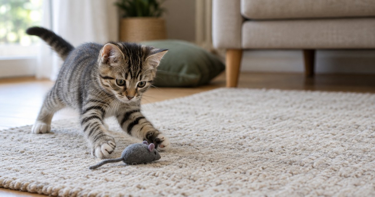 Getigertes Kitten spielt auf einem hellen Wollteppich mit einer grauen Filzmaus, dahinter Sofa und ein grünes Kissen