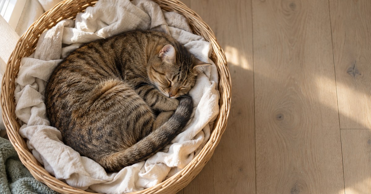 Braun getigerte Katze schläft zusammengerollt in einem runden Weidenkorb auf hellem Leinen, von oben fotografiert, daneben helle Holzdielen