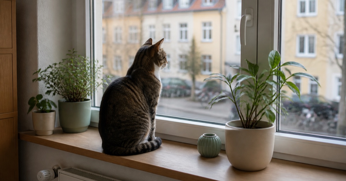 Katze sitzt auf einer Fensterbank in einer Wohnung und schaut nach draußen