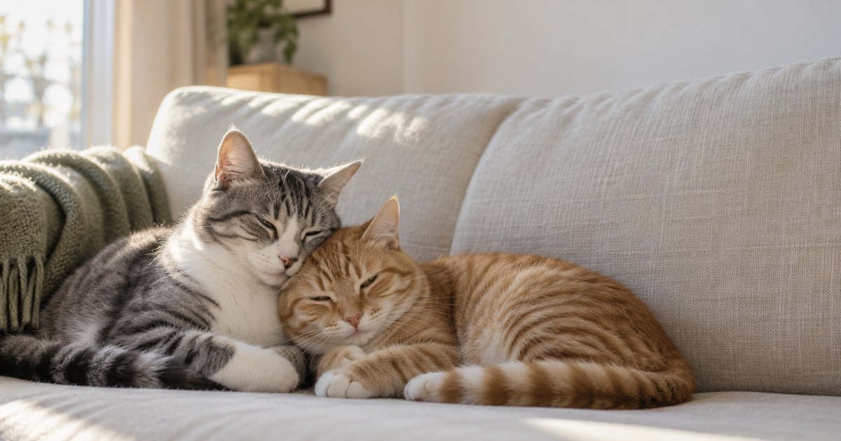 Eine grau-weiß und eine rot getigerte Katze dösen Kopf an Kopf auf einem hellen Leinensofa, links eine grüne Decke, Sonnenlicht vom Fenster