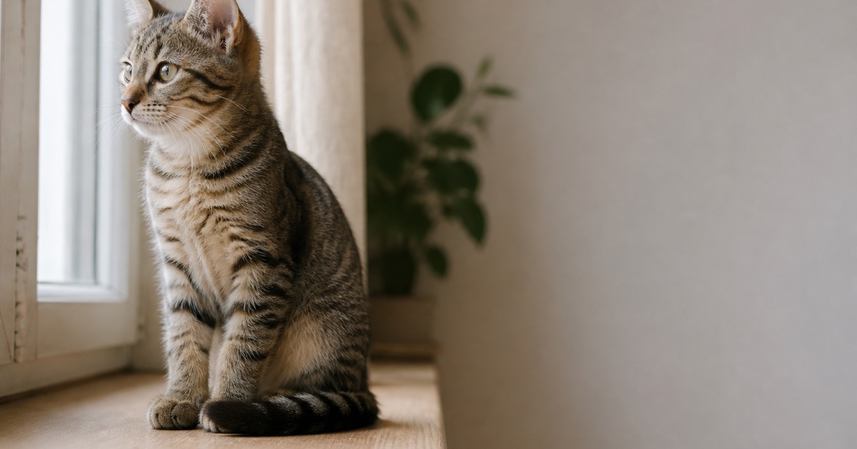 Getigertes Kitten sitzt auf einer hellen Fensterbank in einem europäischen Wohnzimmer und beobachtet aufmerksam etwas außerhalb des Bildes