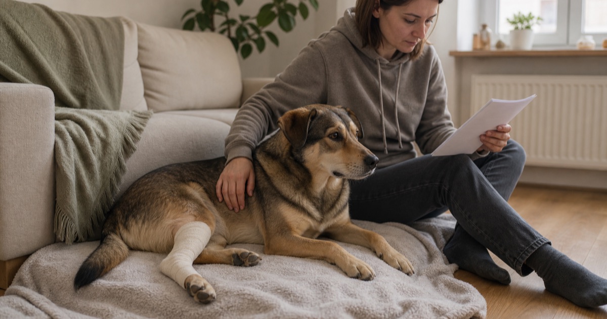 Hund mit verbundenem Hinterbein liegt auf einer Decke, seine Halterin sitzt daneben
