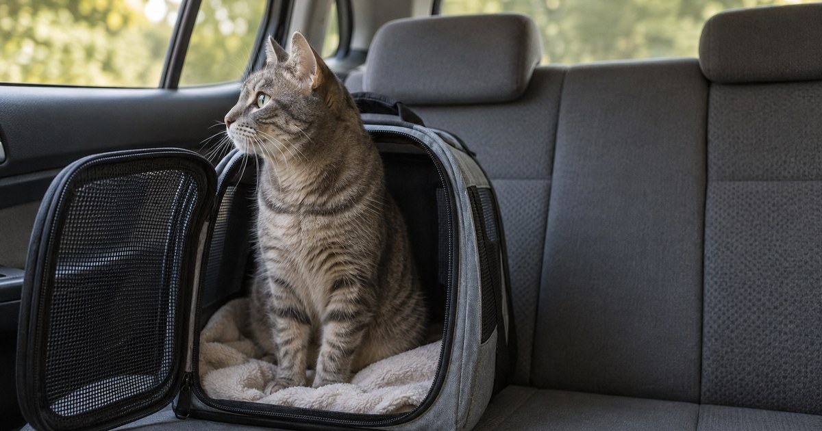 Graue getigerte Katze sitzt aufrecht in einer offenen Stofftransportbox auf dem Rücksitz eines Autos und blickt aus dem Seitenfenster