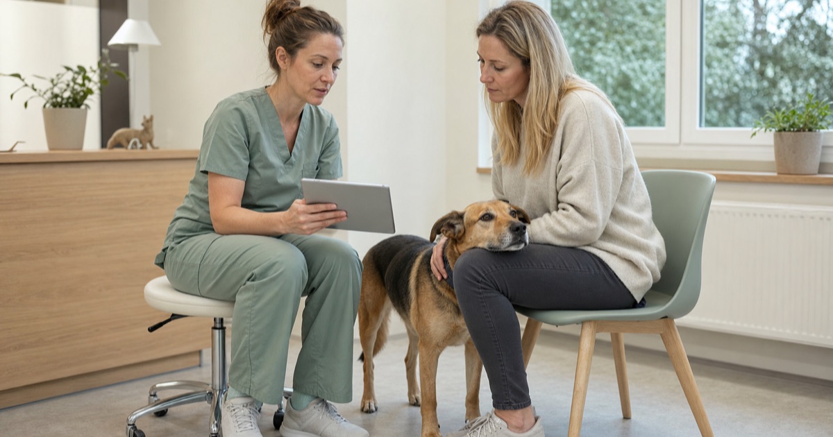 Tierärztin zeigt einer Hundehalterin etwas auf einem Tablet, der Hund steht zwischen den beiden