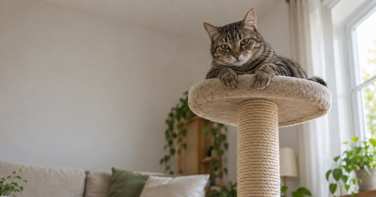 Getigerte Katze liegt oben auf einem Kratzbaum mit Sisalstamm und blickt nach unten, dahinter ein helles Wohnzimmer mit Sofa und Pflanzen