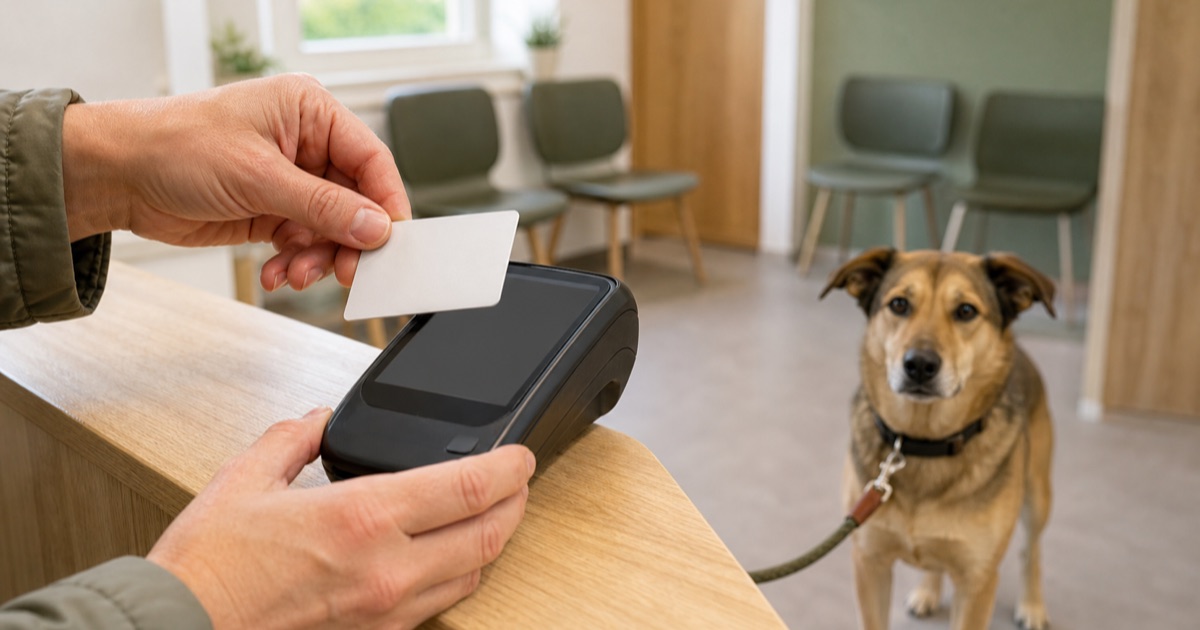 Hand hält eine Bankkarte über ein Kartenlesegerät am Tresen einer Tierarztpraxis, ein Hund wartet daneben