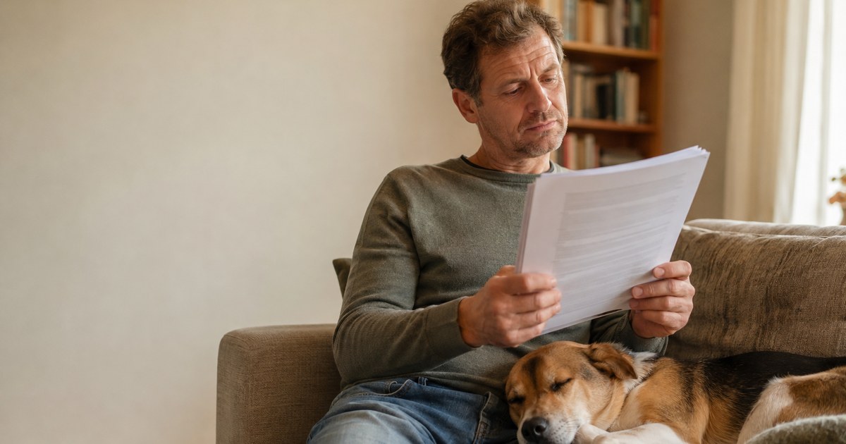 Mann sitzt auf einem Sofa in einem hellen Wohnzimmer und liest ein mehrseitiges Vertragsdokument, neben ihm schläft ein mittelgroßer Mischlingshund mit dem Kopf auf seinem Bein