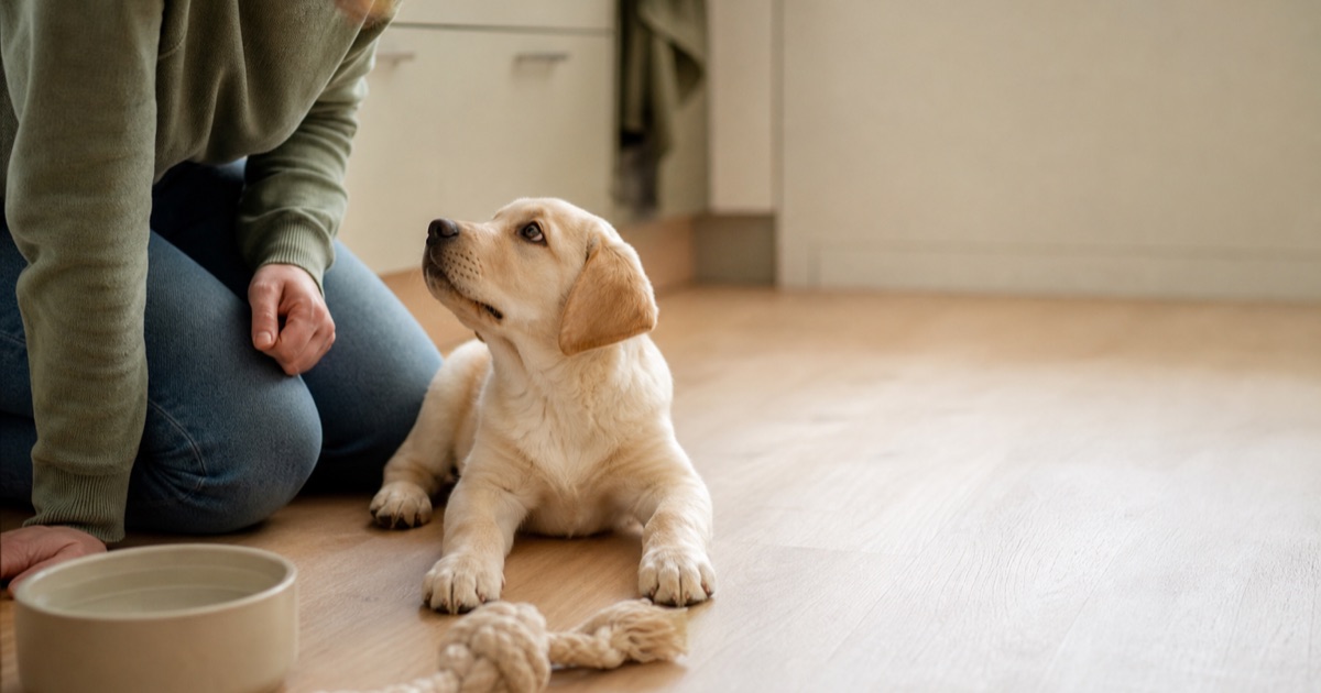 Junger Labradorwelpe liegt auf einem hellen Holzboden in einer Küche und blickt zu seiner Halterin auf, die neben ihm kniet